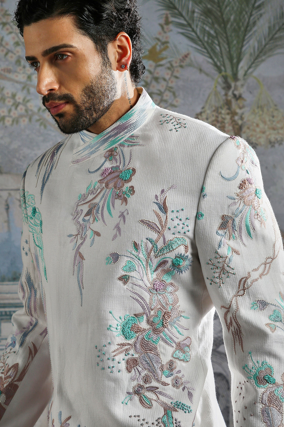 Frost White Mughal Motif Bandhgala Set