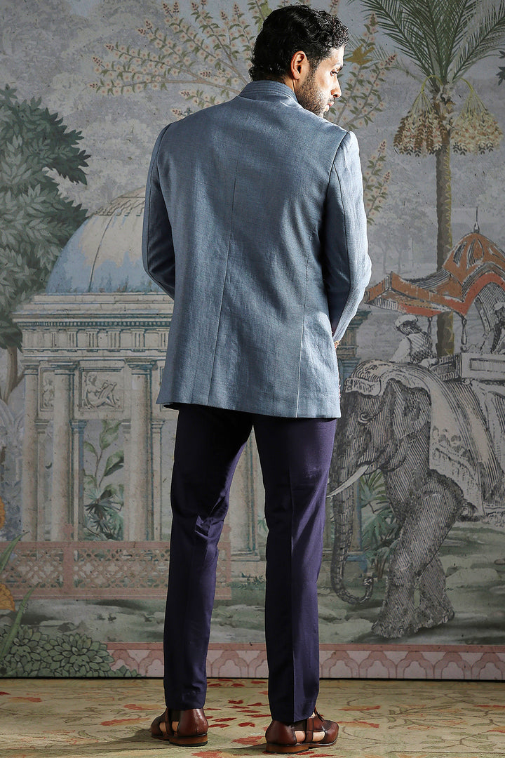 Dusty Blue Floral Embroidered Bandhgala Set