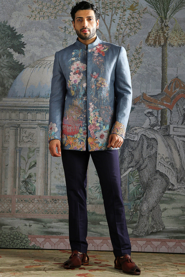 Dusty Blue Floral Embroidered Bandhgala Set