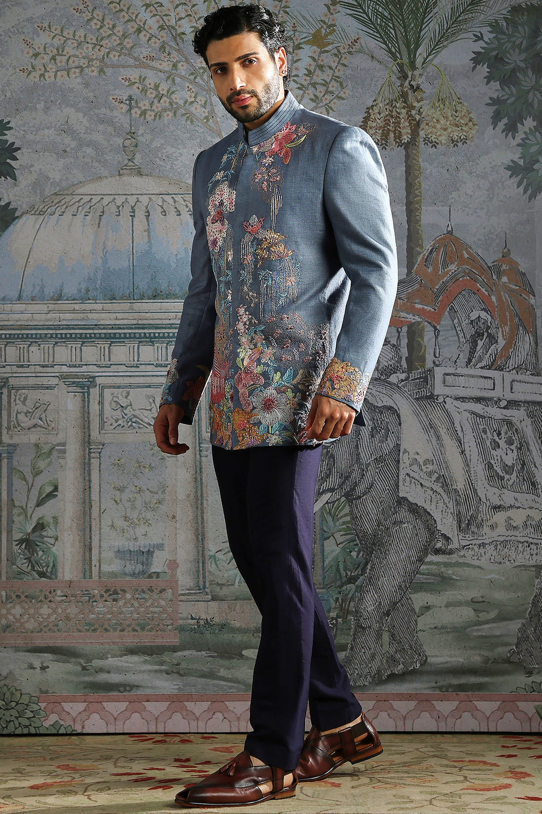 Dusty Blue Floral Embroidered Bandhgala Set