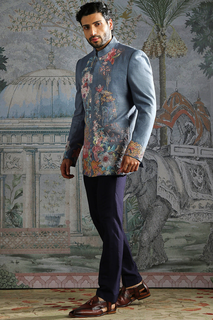 Dusty Blue Floral Embroidered Bandhgala Set