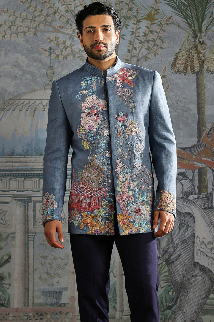 Dusty Blue Floral Embroidered Bandhgala Set