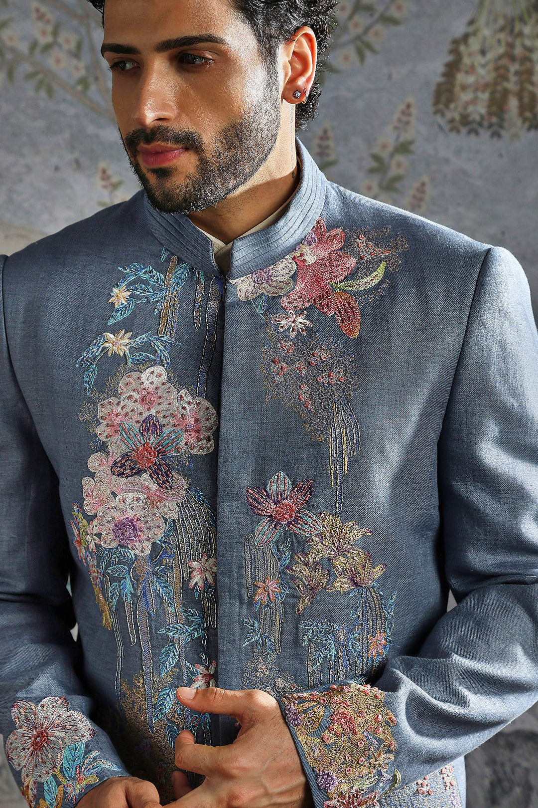 Dusty Blue Floral Embroidered Bandhgala Set