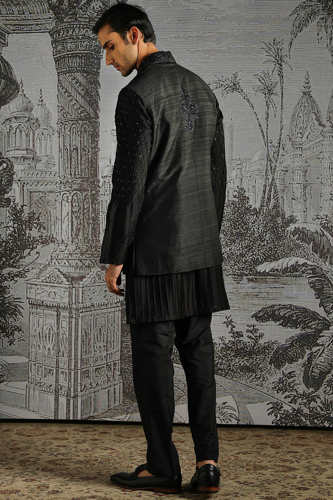 Noir Textured Jacquard Kurta Bundi Set
