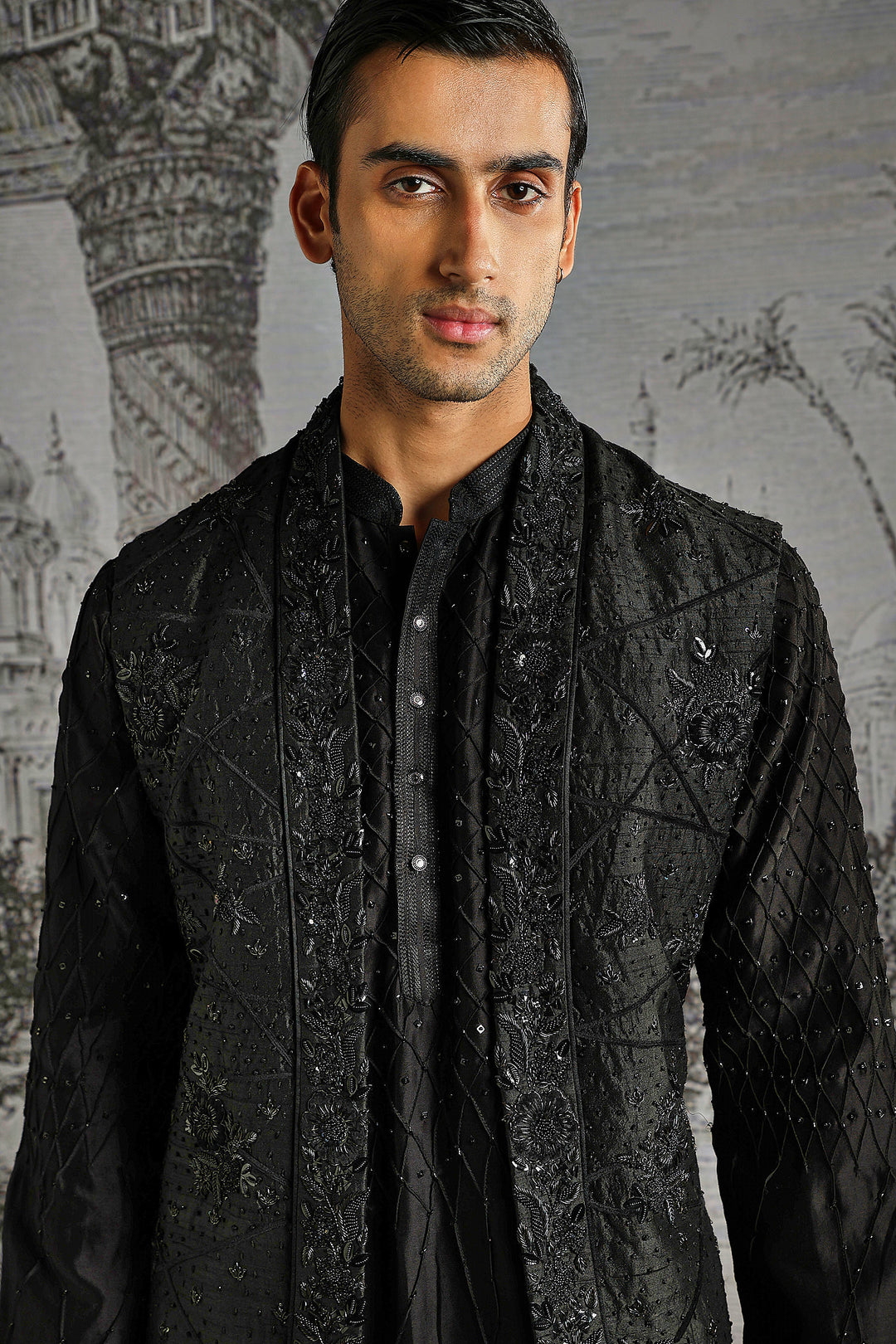 Noir Textured Jacquard Kurta Bundi Set