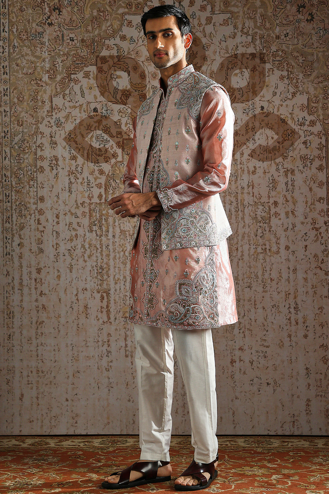 Blush Paisley Pearl-Embroidered Kurta Bundi Set