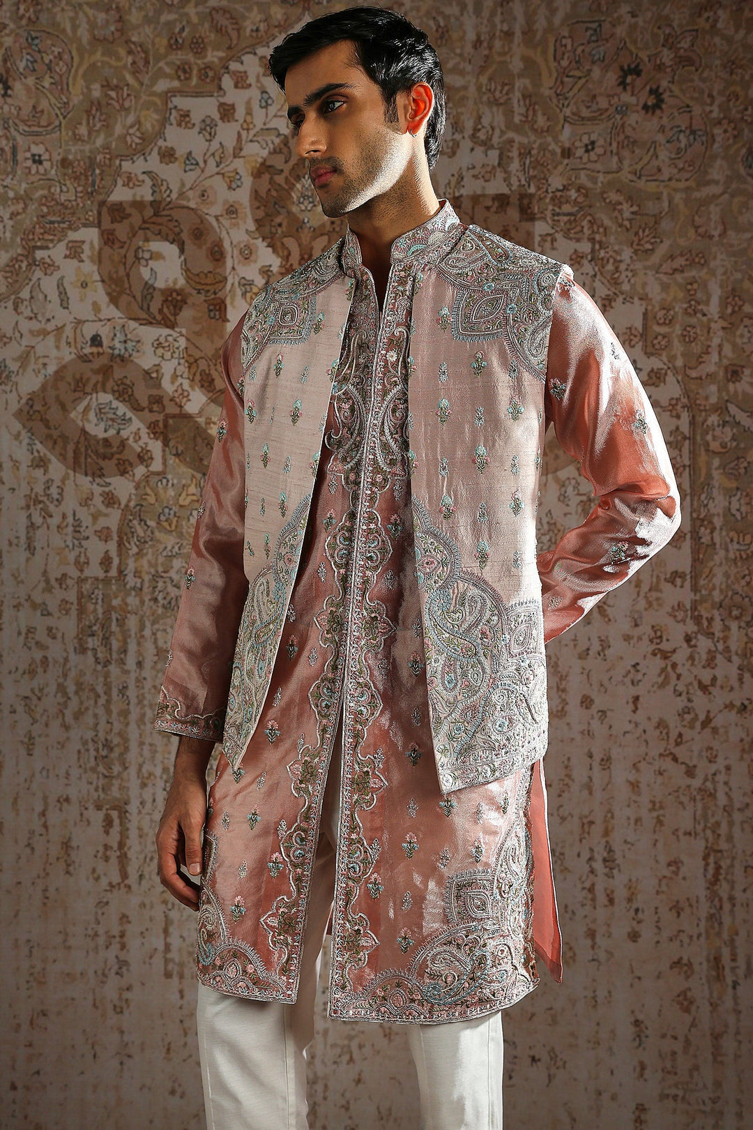 Blush Paisley Pearl-Embroidered Kurta Bundi Set