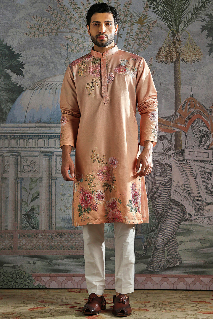 Peach Floral Hand-Embroidered Kurta Set