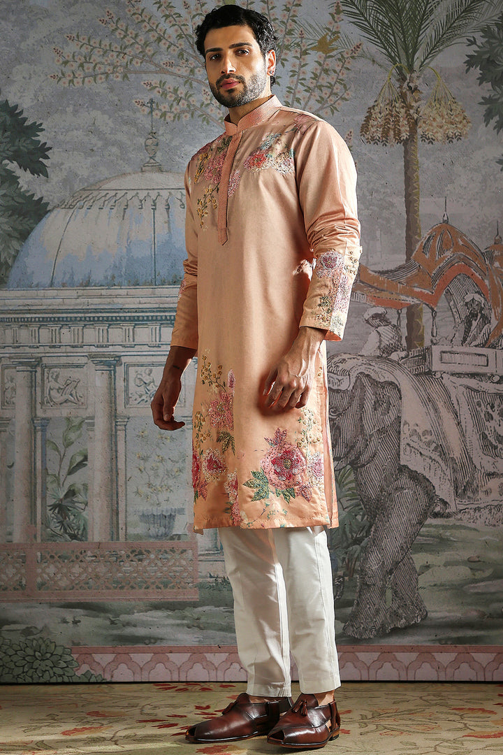 Peach Floral Hand-Embroidered Kurta Set