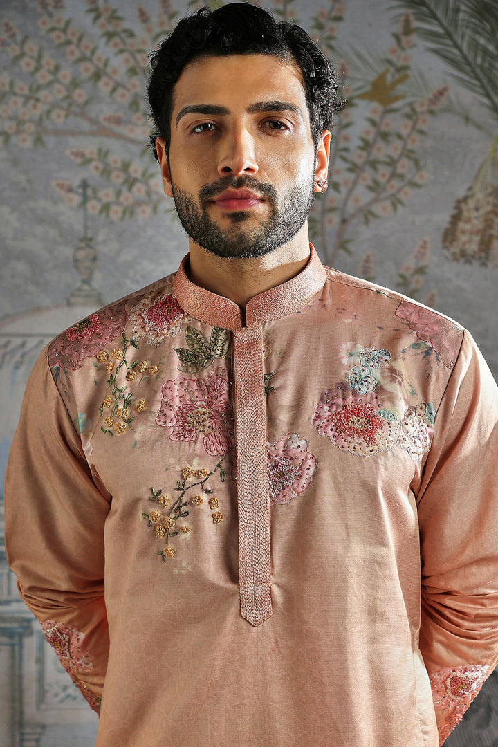 Peach Floral Hand-Embroidered Kurta Set