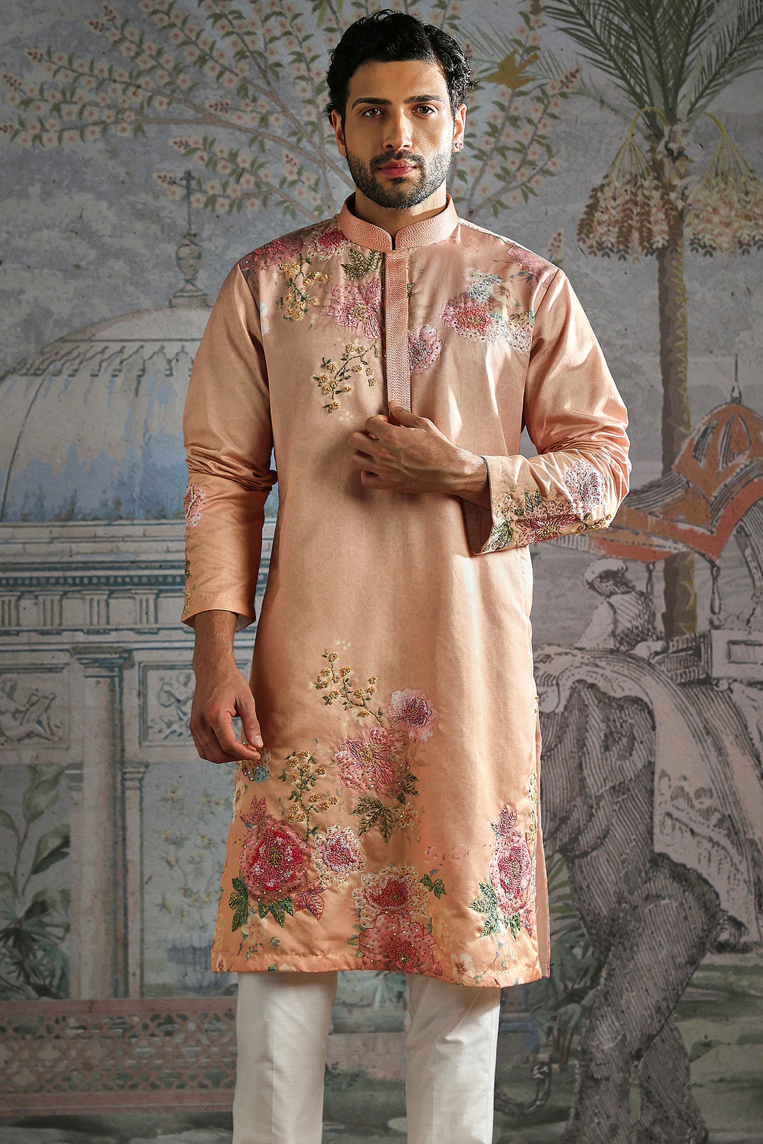 Peach Floral Hand-Embroidered Kurta Set