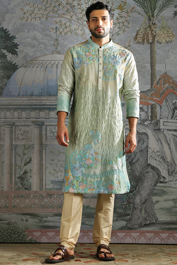 Aqua Pastel Garden-Embroidered Kurta Set
