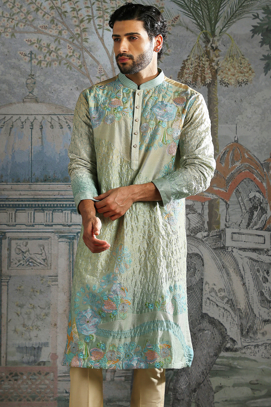 Aqua Pastel Garden-Embroidered Kurta Set