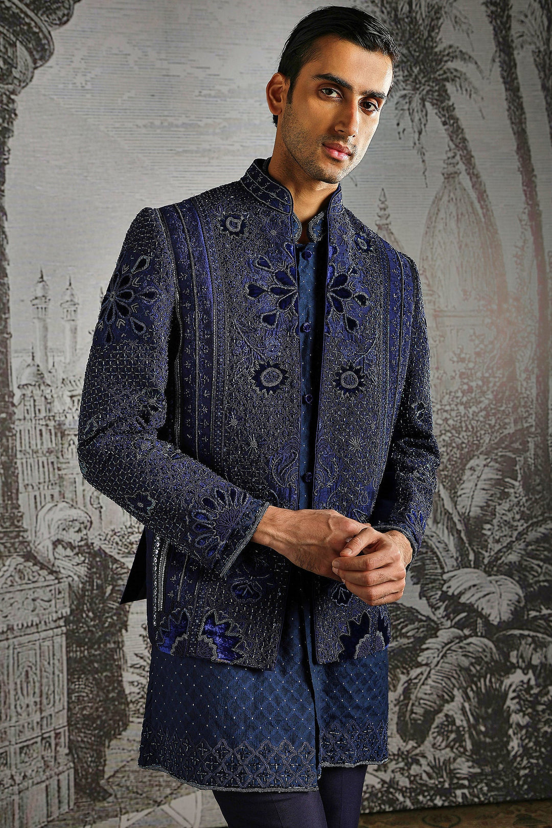 Navy Regal Paisley-Embroidered Bandhgala Set
