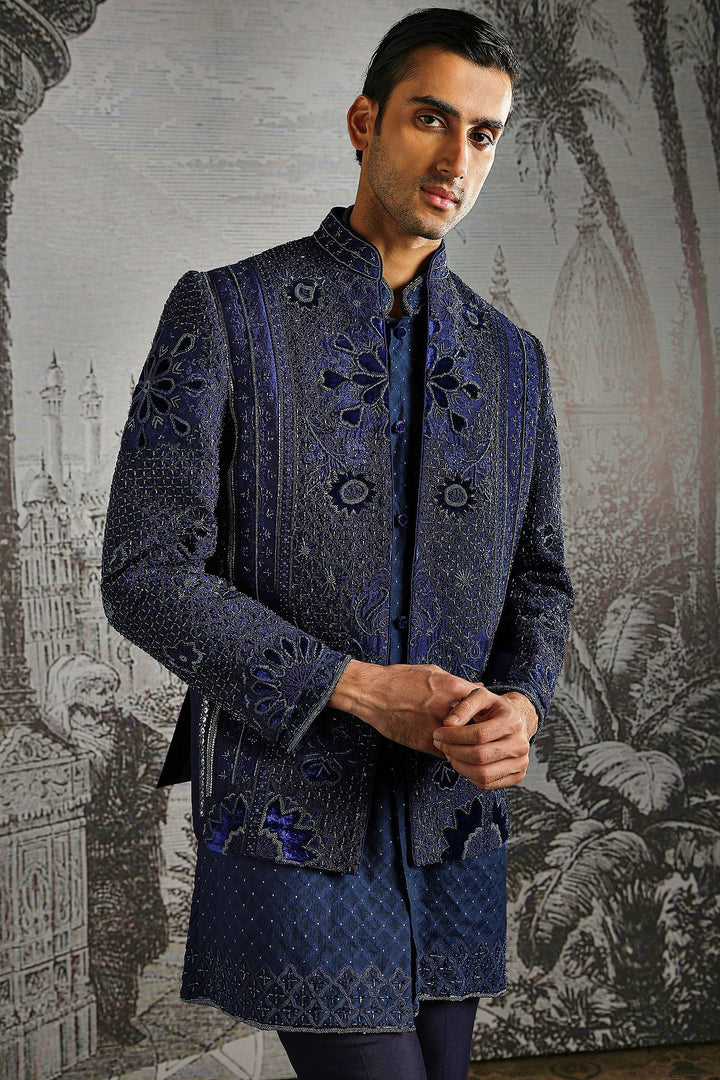 Navy Regal Paisley-Embroidered Bandhgala Set