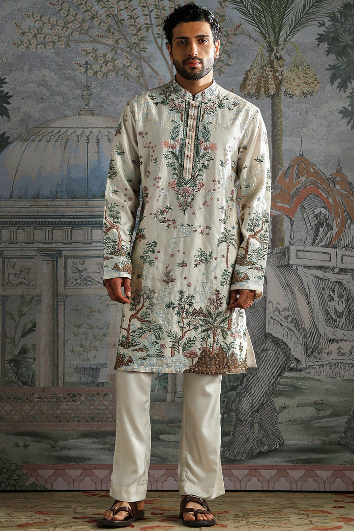 Ivory Botanical Scenic Embroidered Kurta Set