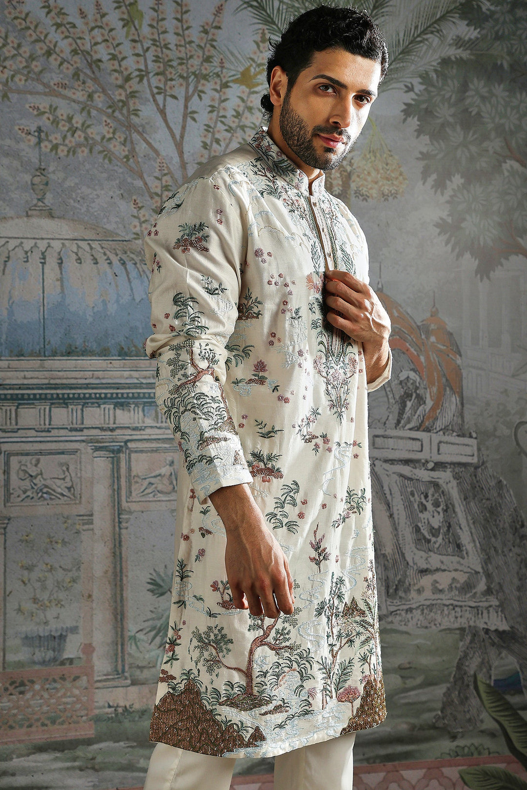 Ivory Botanical Scenic Embroidered Kurta Set