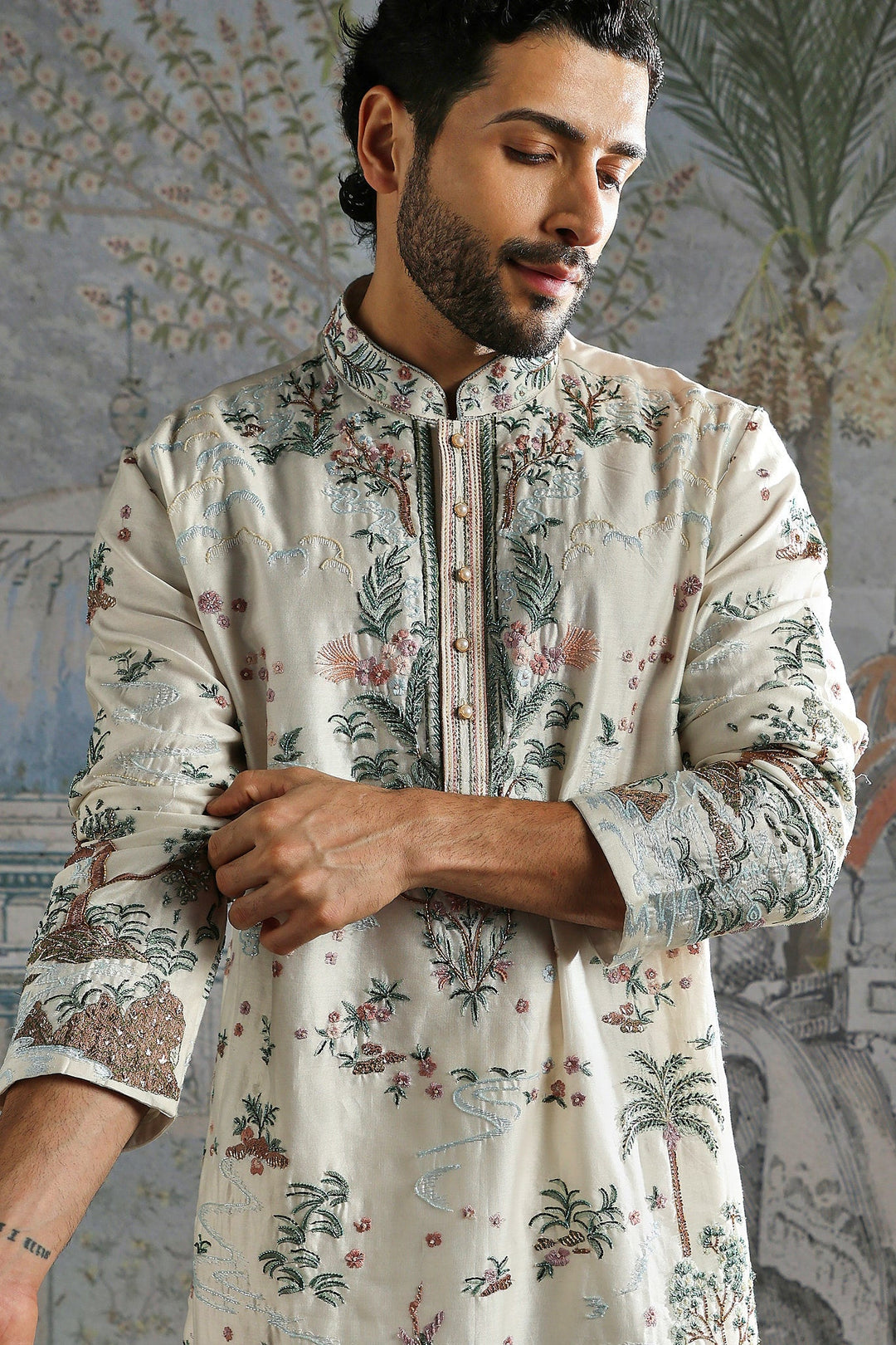Ivory Botanical Scenic Embroidered Kurta Set