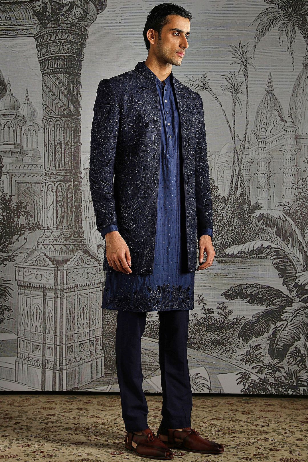 Midnight Textured Jacquard Indowestern Set