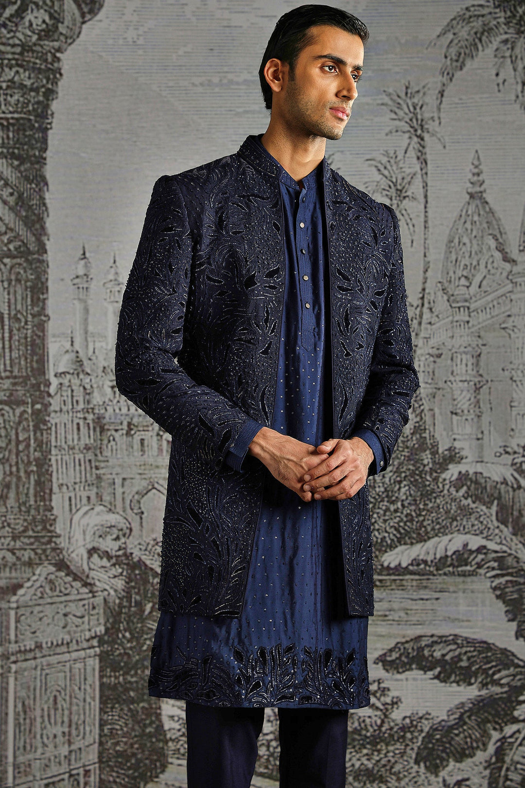 Midnight Textured Jacquard Indowestern Set