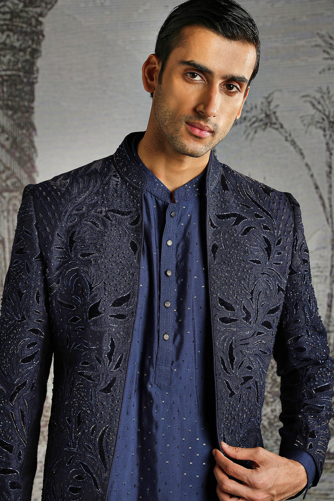 Midnight Textured Jacquard Indowestern Set