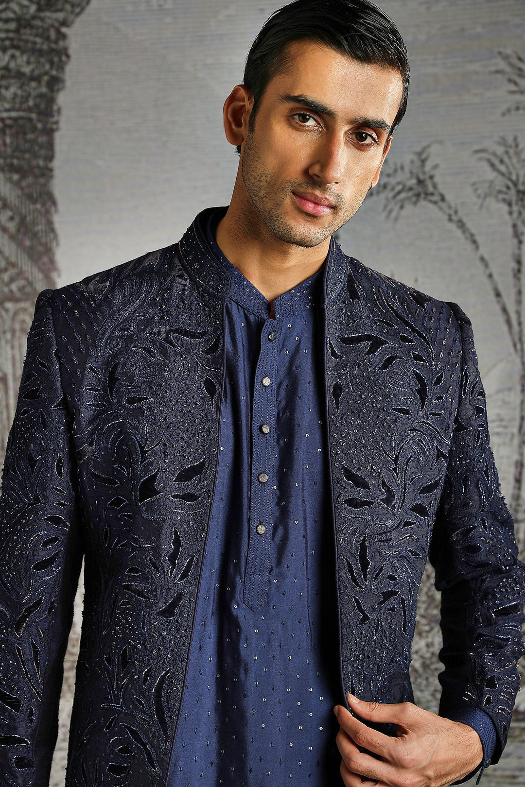 Midnight Textured Jacquard Indowestern Set