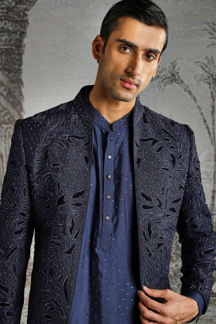 Midnight Textured Jacquard Indowestern Set