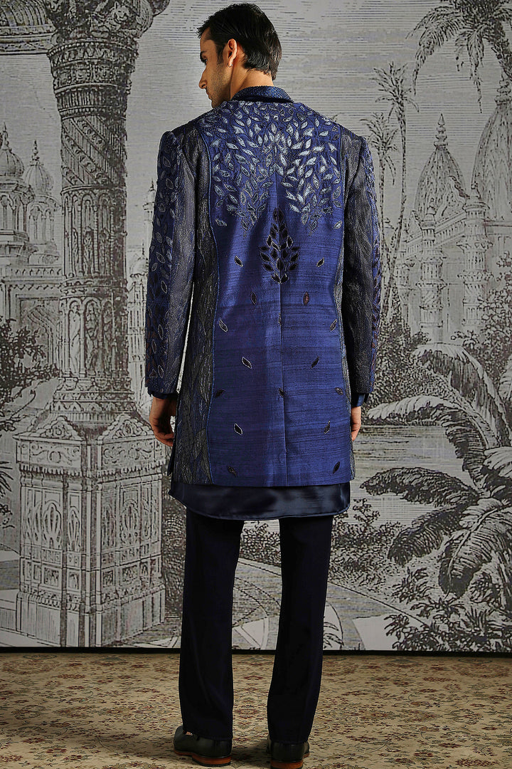 Navy Ornamental Panel Embroidered Indowestern Set