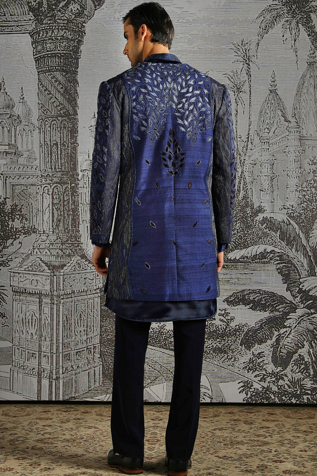 Navy Ornamental Panel Embroidered Indowestern Set