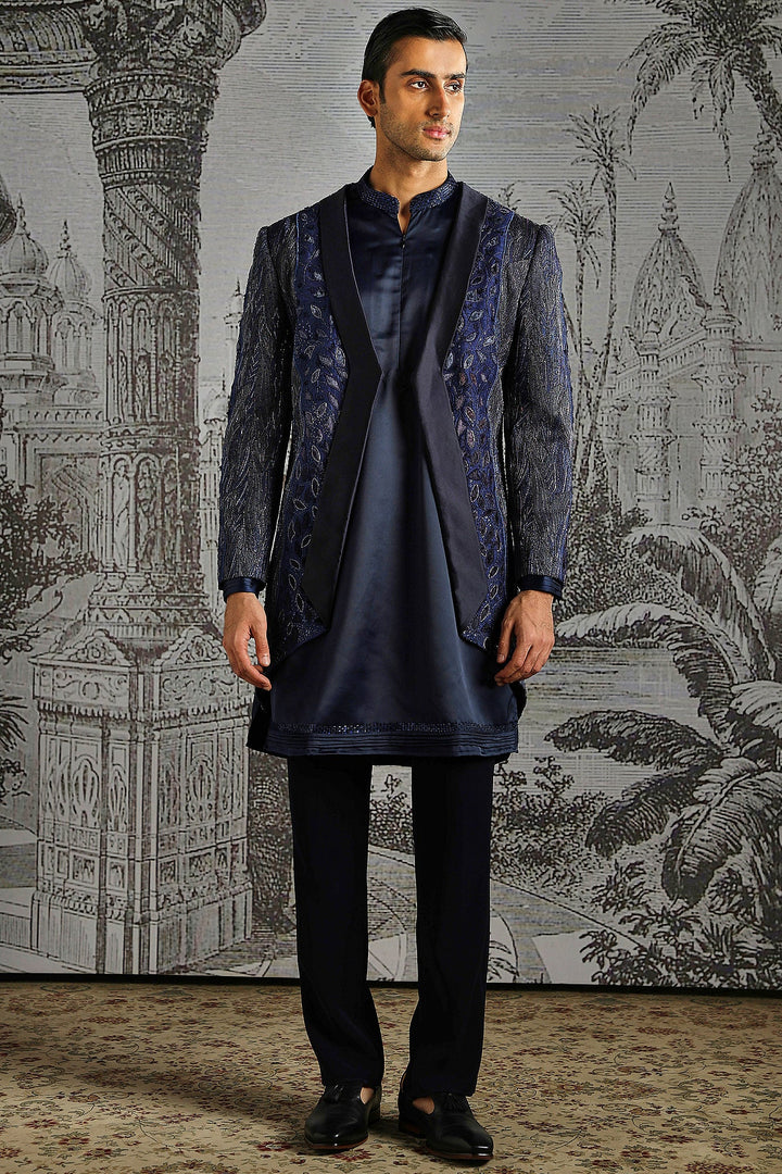 Navy Ornamental Panel Embroidered Indowestern Set
