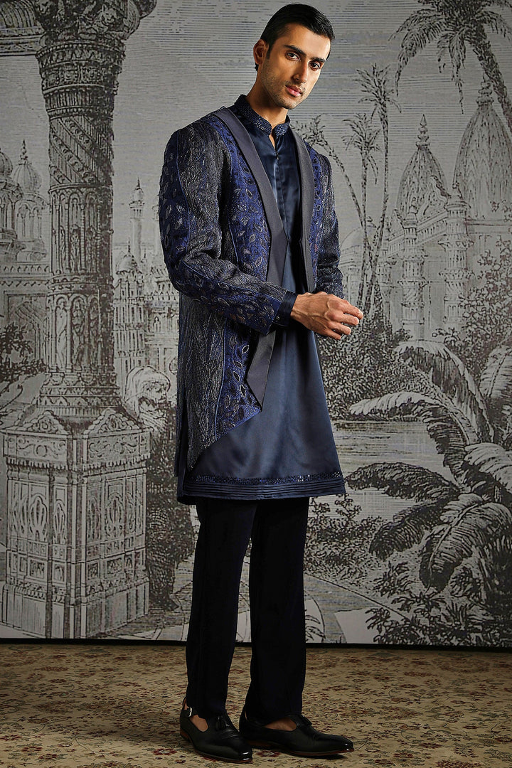 Navy Ornamental Panel Embroidered Indowestern Set