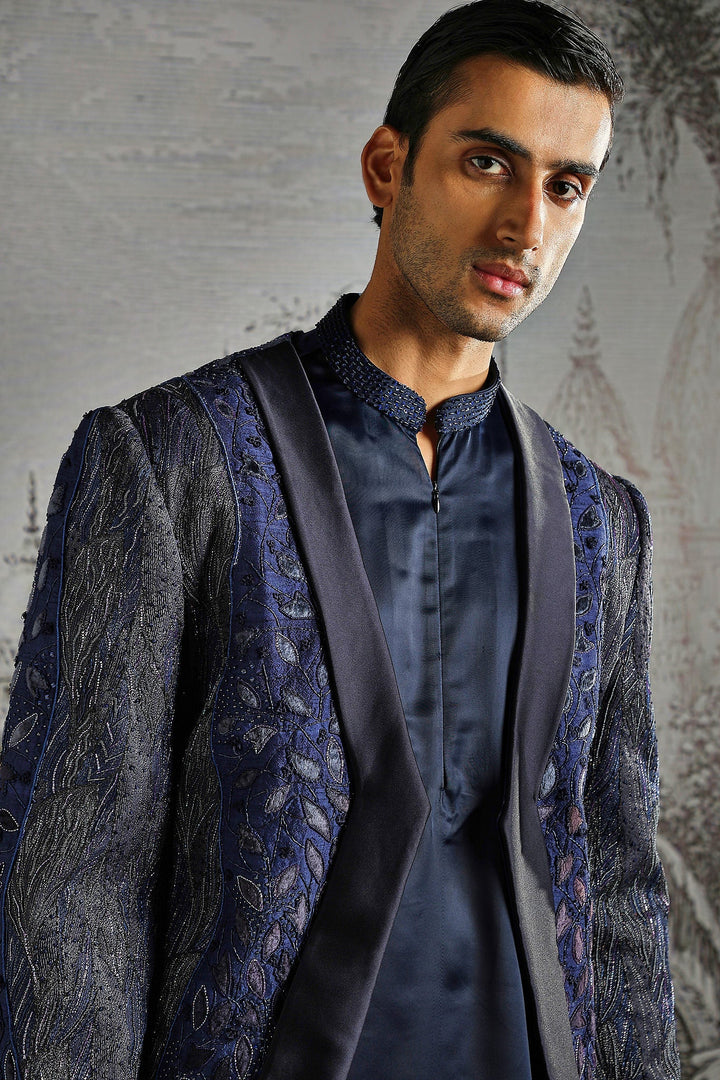 Navy Ornamental Panel Embroidered Indowestern Set
