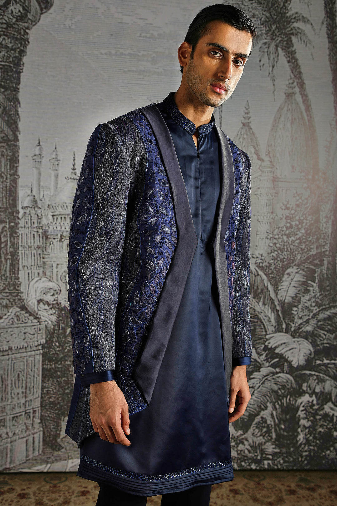 Navy Ornamental Panel Embroidered Indowestern Set