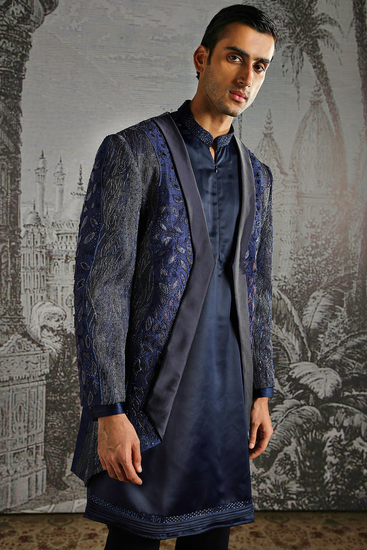 Navy Ornamental Panel Embroidered Indowestern Set