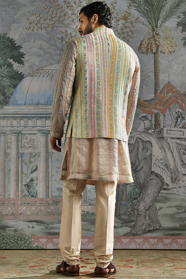 Beige Pastel Thread-Embroidered Kurta Bundi Set