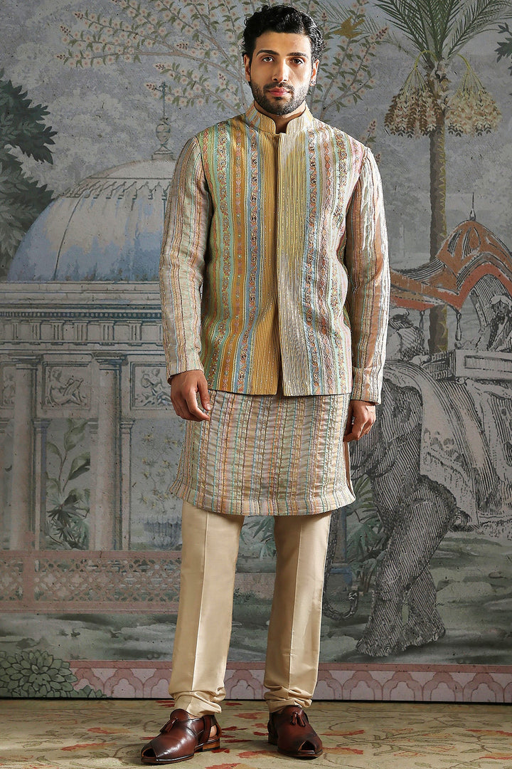 Beige Pastel Thread-Embroidered Kurta Bundi Set
