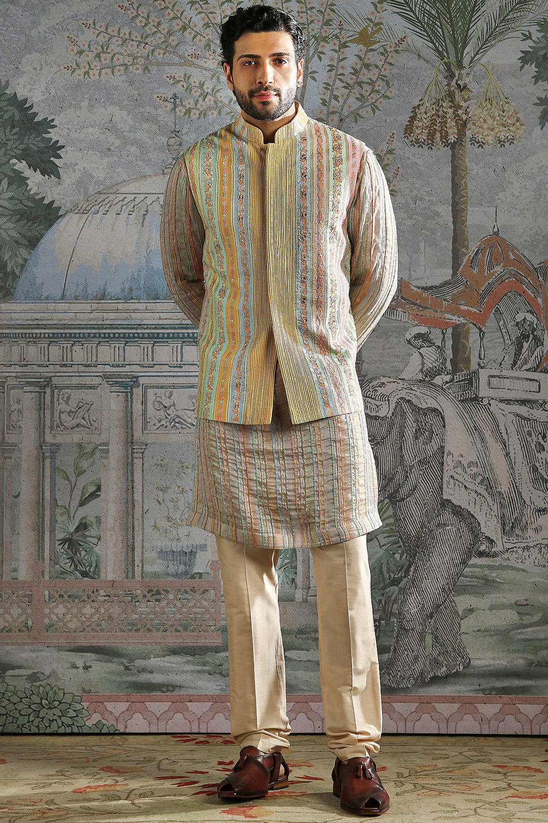 Beige Pastel Thread-Embroidered Kurta Bundi Set