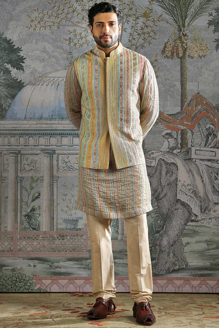 Beige Pastel Thread-Embroidered Kurta Bundi Set