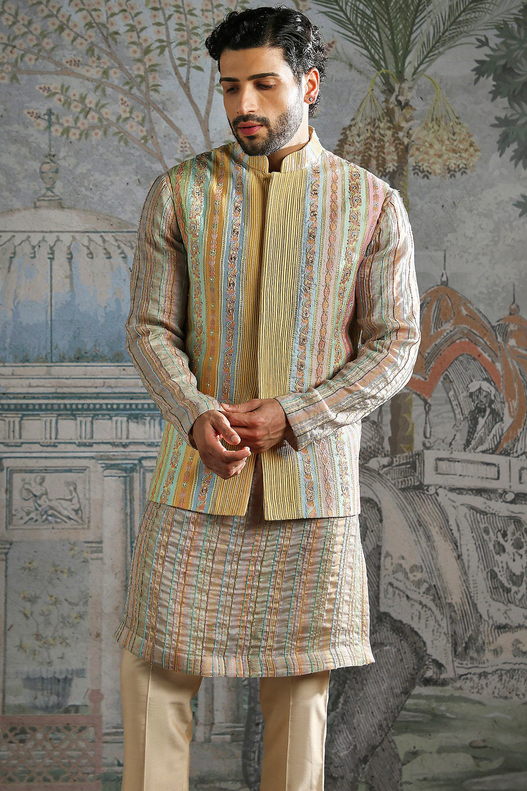 Beige Pastel Thread-Embroidered Kurta Bundi Set