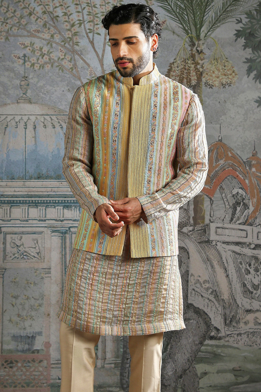 Beige Pastel Thread-Embroidered Kurta Bundi Set