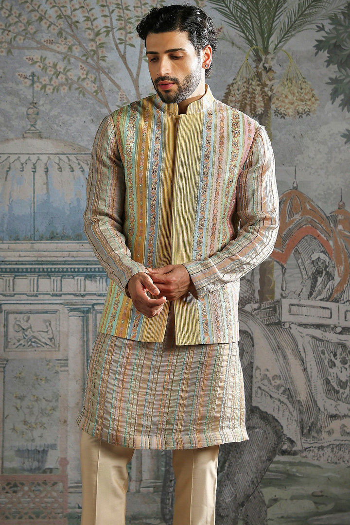 Beige Pastel Thread-Embroidered Kurta Bundi Set