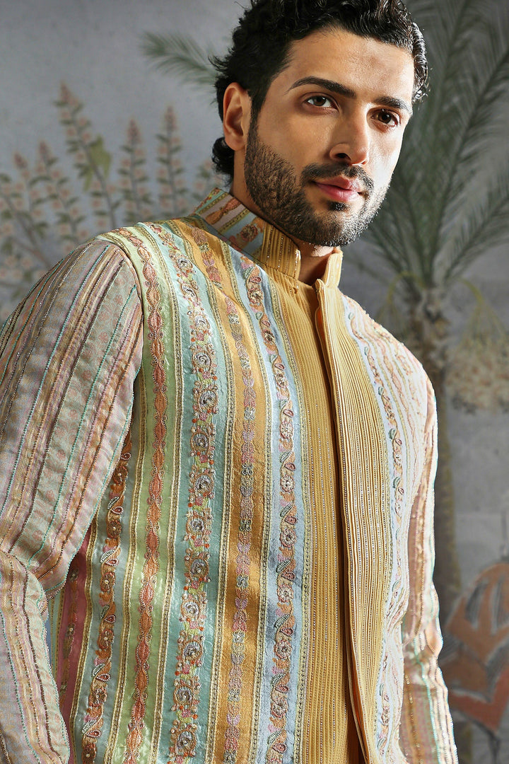 Beige Pastel Thread-Embroidered Kurta Bundi Set