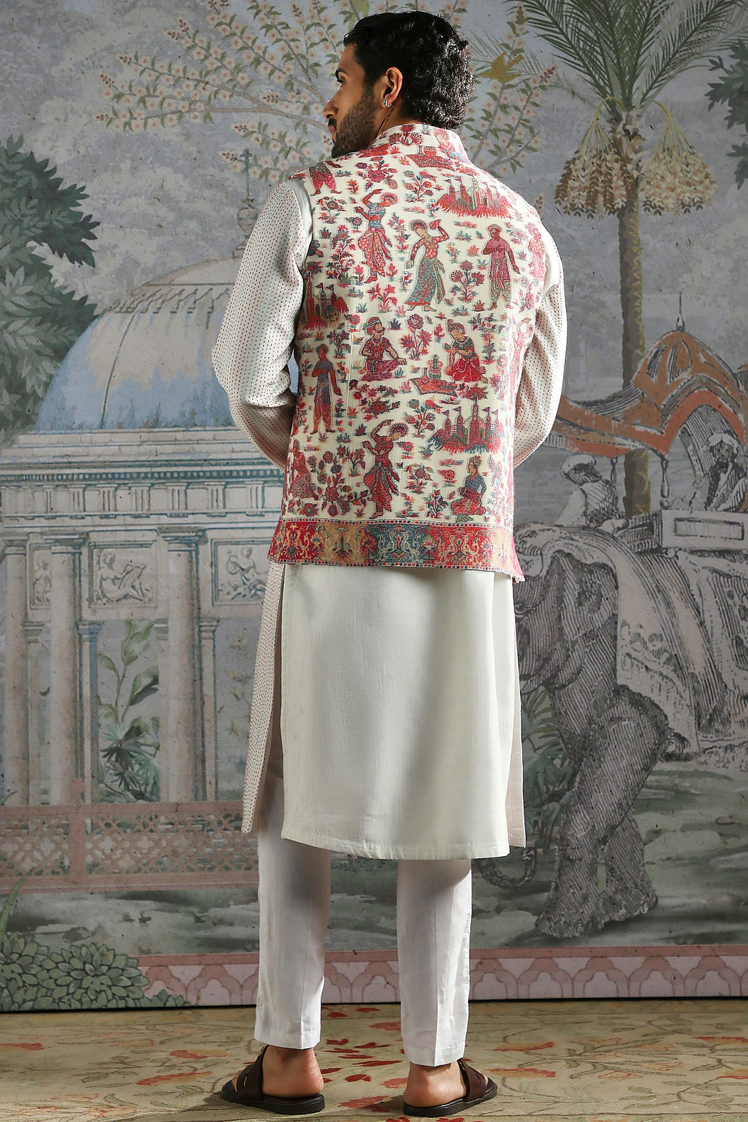 Ivory Multicolour Festive Panel Kurta Bundi Set