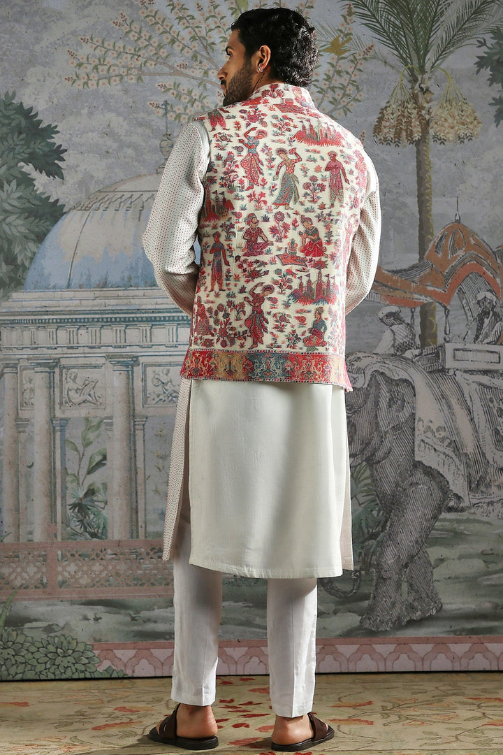 Ivory Multicolour Festive Panel Kurta Bundi Set