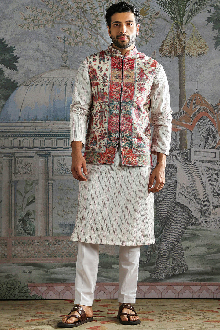 Ivory Multicolour Festive Panel Kurta Bundi Set