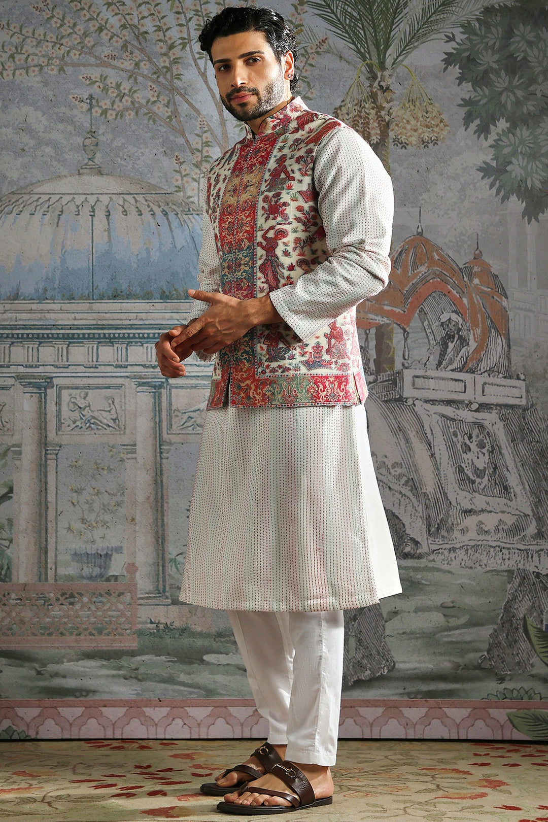 Ivory Multicolour Festive Panel Kurta Bundi Set