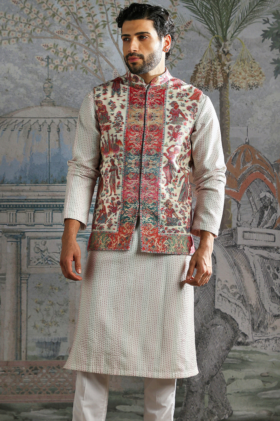 Ivory Multicolour Festive Panel Kurta Bundi Set