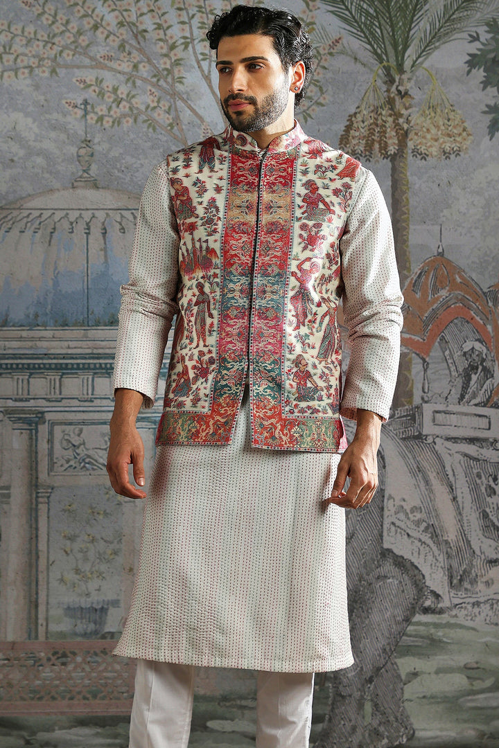Ivory Multicolour Festive Panel Kurta Bundi Set