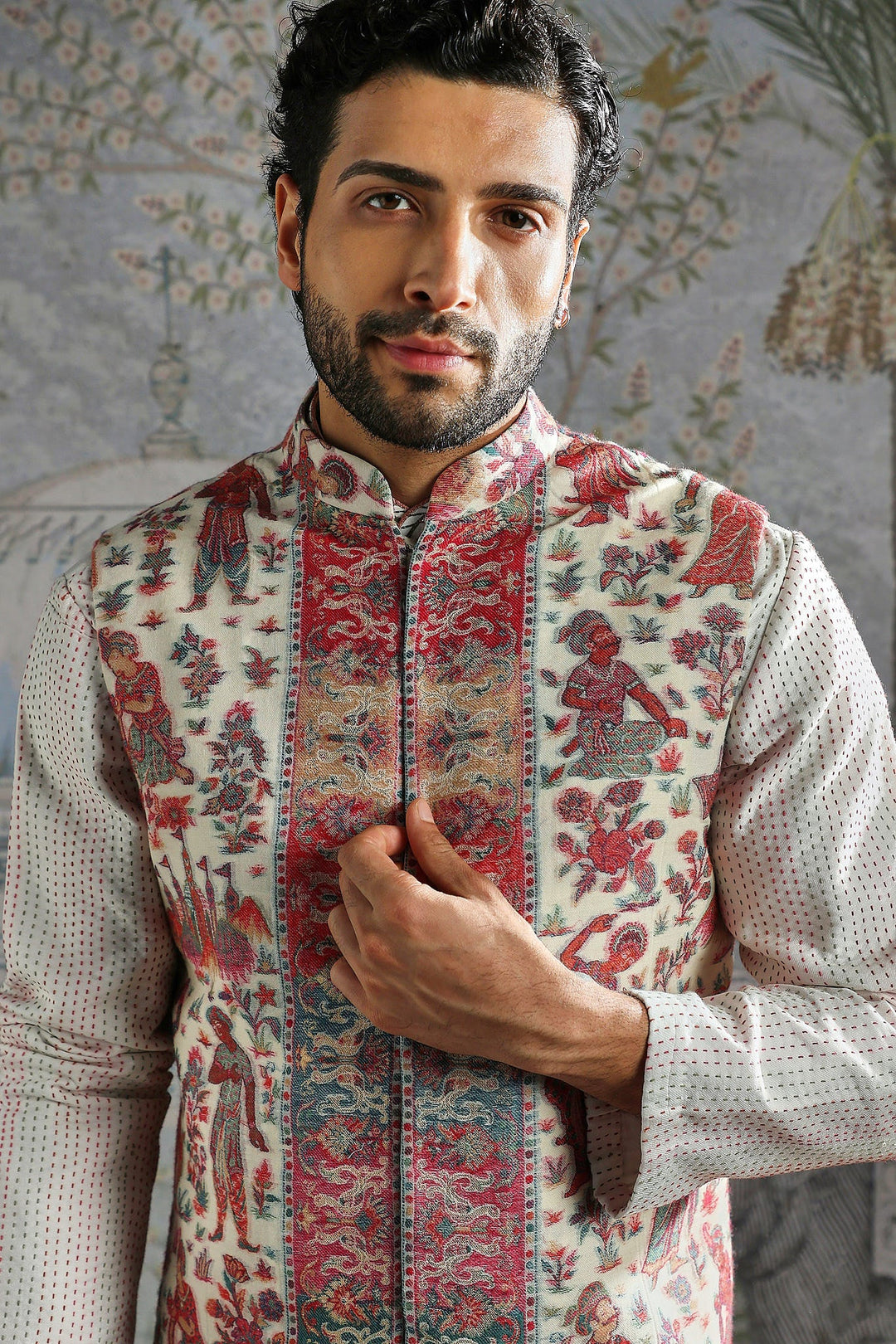 Ivory Multicolour Festive Panel Kurta Bundi Set