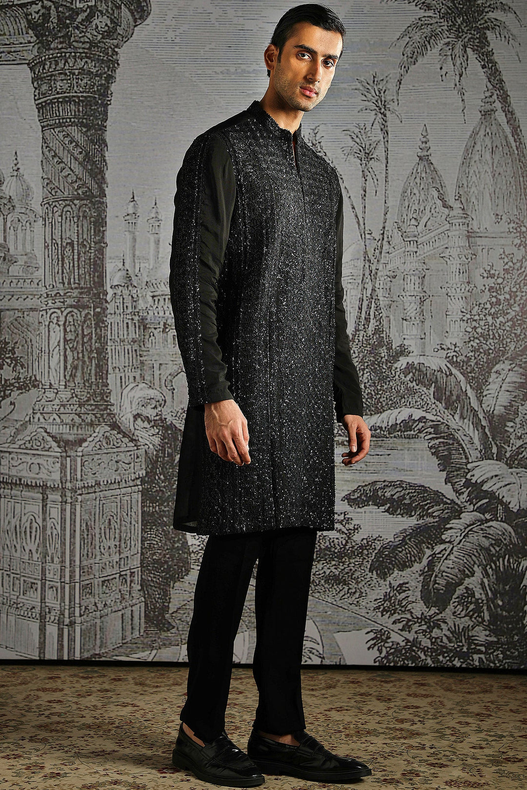 Black Tonal Geo-Pattern Kurta Set